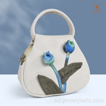 Bolso étnico hecho a mano de lino natural con tulipán 3D para uso diario